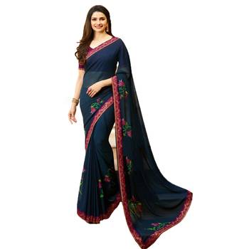 Blue printed georgette saree with blouse 1
