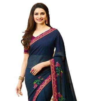 Blue printed georgette saree with blouse 2