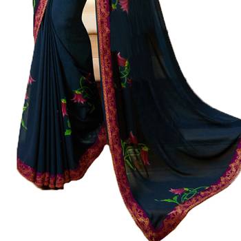 Blue printed georgette saree with blouse 3