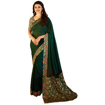 Green printed art silk saree with blouse 1
