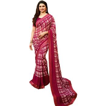 Pink printed georgette saree with blouse 1
