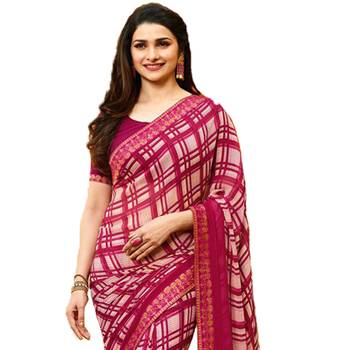 Pink printed georgette saree with blouse 2