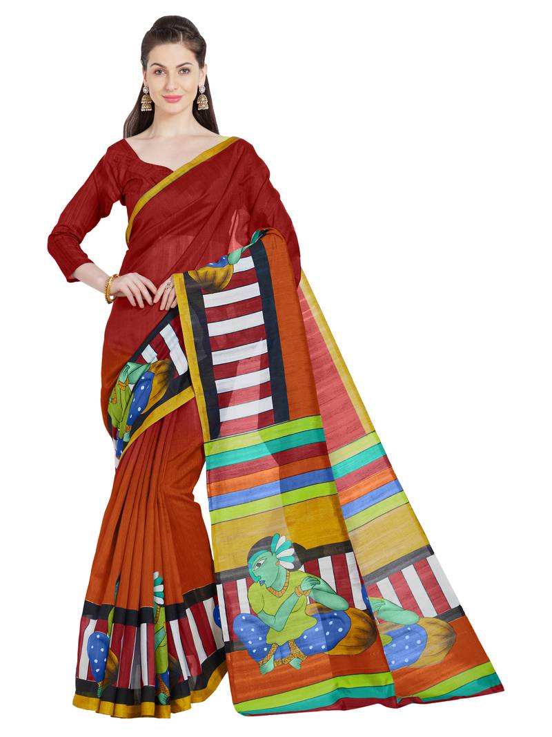 Red printed art silk saree with blouse
