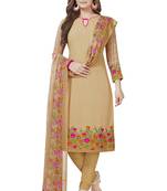 Beige printed synthetic un-stitched kameez with dupatta