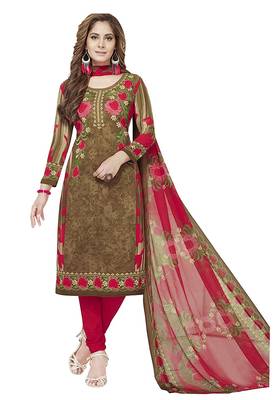 brown printed synthetic unstitched salwar with dupatta 1