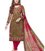 brown printed synthetic unstitched salwar with dupatta