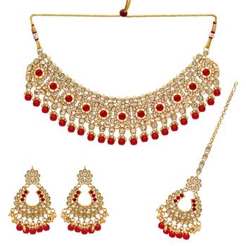 Red Color Imitation Pear Kundan Necklace With Earring & Maang Tikka 1