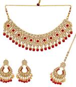 Red Color Imitation Pear Kundan Necklace With Earring & Maang Tikka
