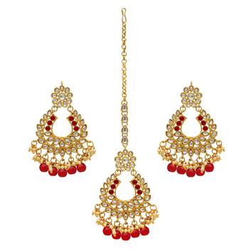 Red Color Imitation Pear Kundan Necklace With Earring & Maang Tikka 2