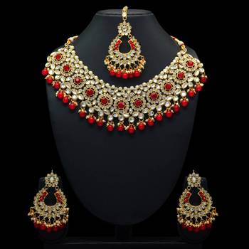 Red Color Imitation Pear Kundan Necklace With Earring & Maang Tikka 3