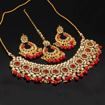 Red Color Imitation Pear Kundan Necklace With Earring & Maang Tikka 4