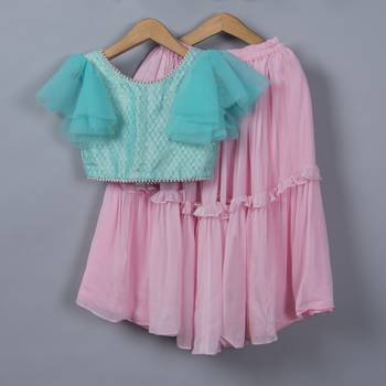 Sky Blue Brocade Blouse with Pink Georgette Lehenga 1