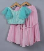 Sky Blue Brocade Blouse with Pink Georgette Lehenga