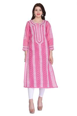 Onion Pink Embroidered Cotton Chikankari Kurti 1