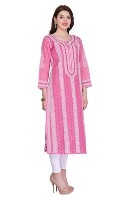 Onion Pink Embroidered Cotton Chikankari Kurti 3