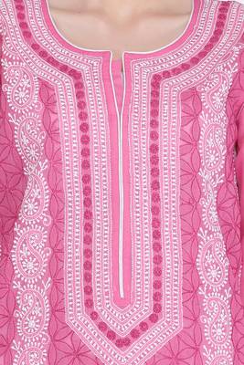 Onion Pink Embroidered Cotton Chikankari Kurti 4