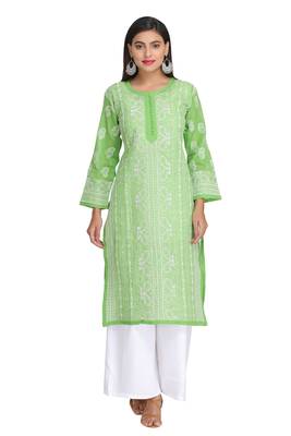 Green Embroidered Cotton Chikankari Kurti 1
