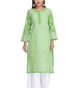 Green Embroidered Cotton Chikankari Kurti
