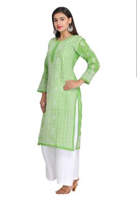 Green Embroidered Cotton Chikankari Kurti 3