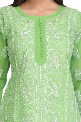 Green Embroidered Cotton Chikankari Kurti 4