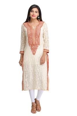 Fawn Embroidered Georgette Chikankari Kurti  2