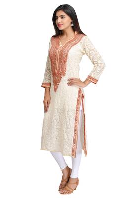 Fawn Embroidered Georgette Chikankari Kurti  4