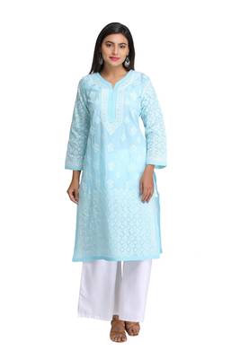 Blue Embroidered Cotton Chikankari Kurti 1