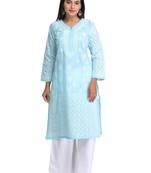 Blue Embroidered Cotton Chikankari Kurti