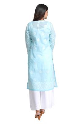 Blue Embroidered Cotton Chikankari Kurti 2