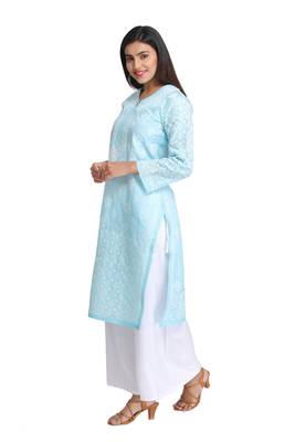 Blue Embroidered Cotton Chikankari Kurti 3