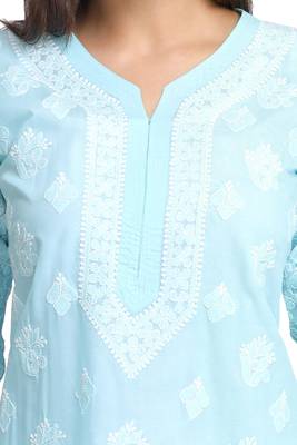 Blue Embroidered Cotton Chikankari Kurti 4
