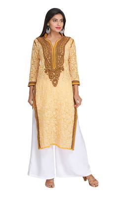Yellow Embroidered Georgette Chikankari Kurti 3