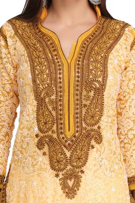 Yellow Embroidered Georgette Chikankari Kurti 4
