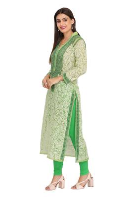 Green Embroidered Georgette Chikankari Kurti 3