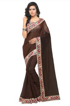 Brown plain chanderi saree with blouse