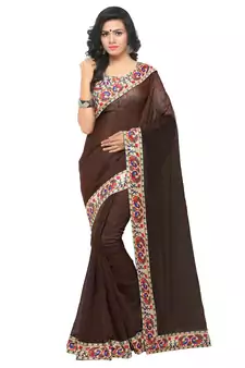 Brown plain chanderi saree with blouse