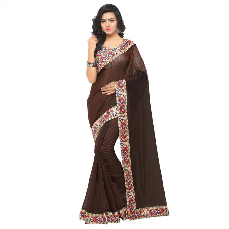 Brown plain chanderi saree with blouse