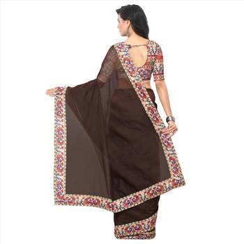 Brown plain chanderi saree with blouse 2