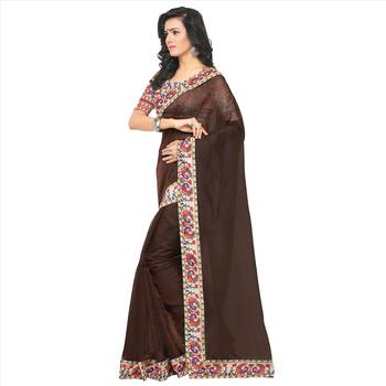 Brown plain chanderi saree with blouse 5