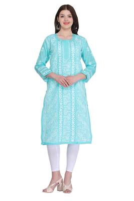 Blue Embroidered Cotton Chikankari Kurti 1