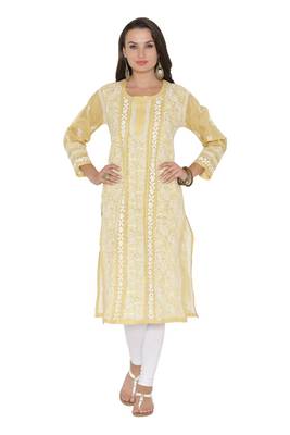 Fawn Embroidered Cotton Chikankari Kurti 1