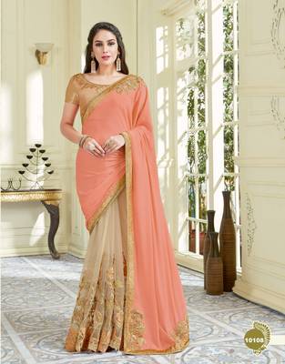 Peach Embroidered Net Saree With Blouse 2