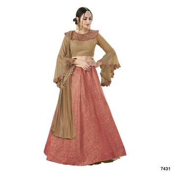 Peach Embroidered Silk Semi Stitched Lehenga With Dupatta 1