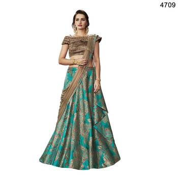Green Embroidered Brocade Semi Stitched Lehenga With Dupatta 1
