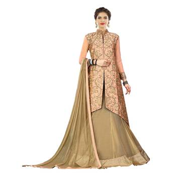 Beige Embroidered Silk Semi Stitched Lehenga With Dupatta 1