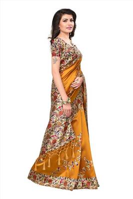 Mustard printed tussar silk saree with blouse 4