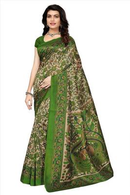 Green printed tussar silk saree with blouse 1