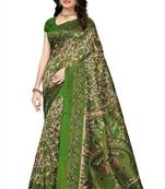 Green printed tussar silk saree with blouse
