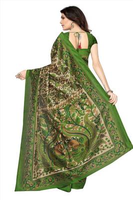 Green printed tussar silk saree with blouse 2