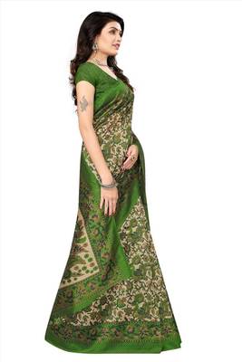 Green printed tussar silk saree with blouse 4